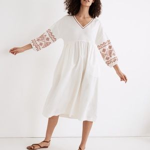 Embroidered-Sleeve Popover Midi Dress